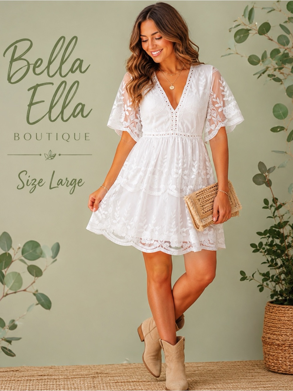 BELLA ELLA Boutique White Embroidered Lace Mini Dress Size Large